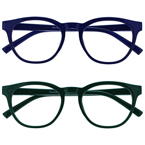Image of OPULIZE BLU Blue Light Blocking Reading Glasses for Women Men, Cool Round Frame with Anti-Glare Computer and Gaming Eyewear, UV and Eyestrain Protection, Blue Green +1.00 (Pack of 2)