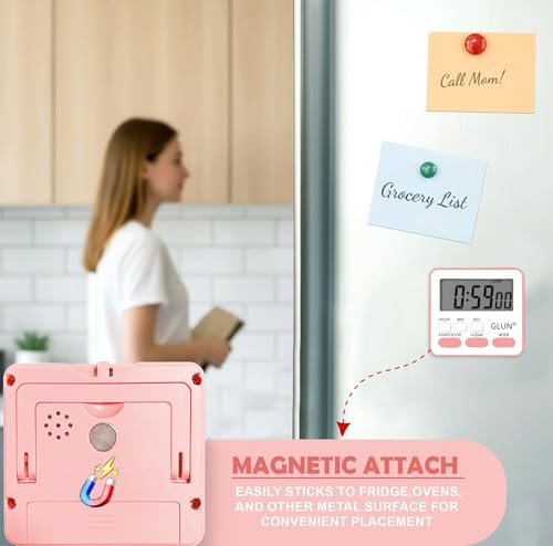 Image of GLUN Digital Kitchen Timer with Clear Loud Alarm for Cooking, Stop Watches Timer Clock with Alarm & Magnetic Back, LCD Backlit Display, Classroom for Kids & Teachers Pink Back