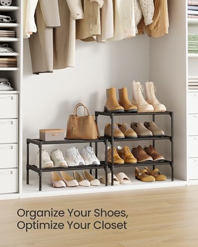 Image of SONGMICS 2-Tier Shoe Rack for Closet, Compact Metal Shoe Organizer Shelf for Entryway, Bedroom, Small Spaces, Stackable, 11.8 x 17.7 x 12.2 Inches, Black ULSA112BH01