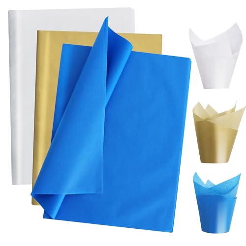 Image of BEISHIDA 90 Sheets Blue White Gold Tissue Paper Bulk, Halloween Wrapping Tissue Paper for Gift Bags, 14 x 20 Inch Gift Wrap for Halloween Graduation Birthday DIY Crafts Holiday Flowers