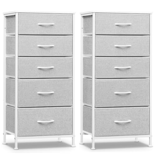 WOLTU Comoda Dormitorio, Cómoda con 5 Cajones de Tela, Juego de 2, Cajonera Dormitorio para Armario, Comoda Cajonera Almacenaje con Estructura Metálica y MDF, Gris Paloma + Blanco Nube, SSK004hgws-2
