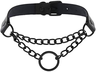 =Punk Harajuku Cosplay Sexy PU Cuero Hombres Plata Color Cadena Collar Mujer Gótico Círculo Collar Cadena Cuerpo Joyería