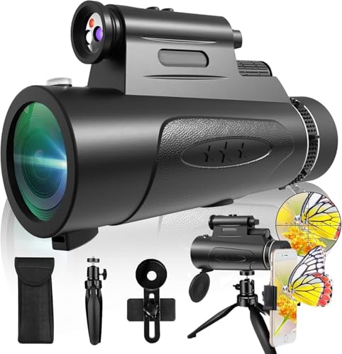 Monocular Telescope with Lights HD Monoculars 80x100 for Adults High Powered Monocularwith Smartphone Holder & Tripod, Handheld Telescope Suitable for Bird Watching Stargazing-Black