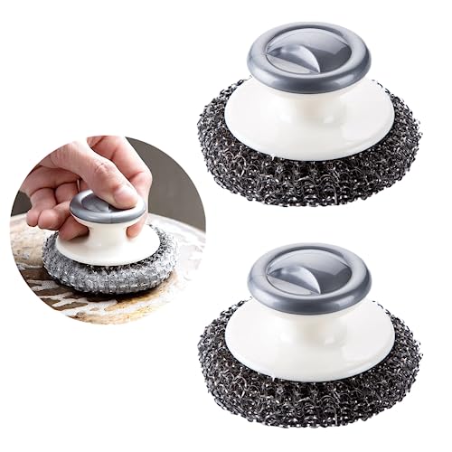 Image of 3 PCS Stainless Steel Scrubber with Handle Durable Steel Wool Scrubber Pot Scrubber Dish Scrubber for Cleaning Cast Iron, Dishes, Stock Pots, Pans, Griddles, Grills