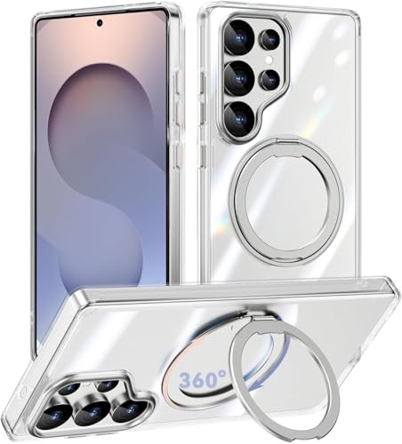Image of DIZORO TPU Magnetic 360 Ring Stand Case Fit for Samsung Galaxy S25 Ultra Case, Compatible & Wireless Charging,Military Grade Drop Tested,Translucent Hard Kick Back Cover (White)
