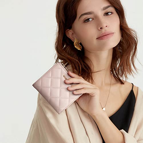 Missnine Small Wallet For Women Rfid Card Holder, Compact Ladies Wallet Pink Quilted Bifold Purse With Id Window And Coin Pocket #TOP1