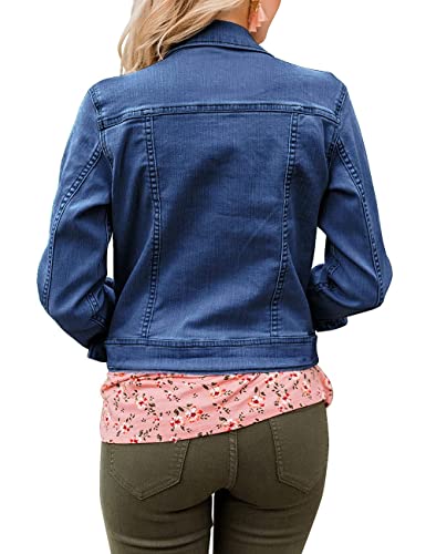 Grapent Women's Casual Basic Button Down Long Sleeve Stretchy Jean Trucker Denim Jacket With Pockets Blue Color Size Large Us 12-14 #TOP1