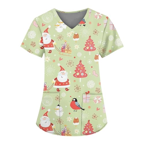 Kasacks Damen Pflege Weihnachts Bequemer Uniform Damenbluse Angenehm Krankenpflegeuniform Arzt Uniform Kasack Weihnachten Kasack Motiv Weihnachten Mit Taschen angebote des tages heute(1-Mint Green,XL)