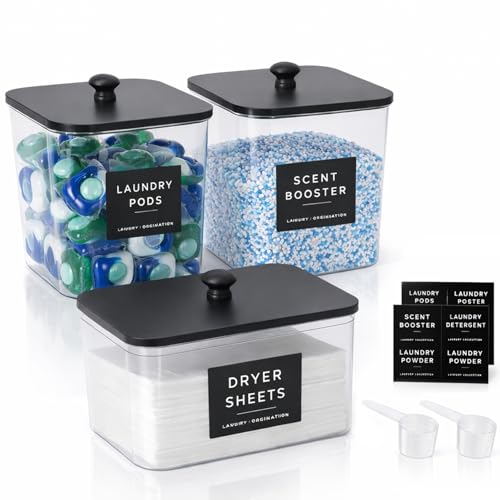 Image of Punorric 3-Piece Laundry Pods Storage Container - Washing Pods Storage, Laundry Room Organisation with Scoops & Labels, Washing powder storage Laundry Bin with lid for Bathroom, Kitchen -Black