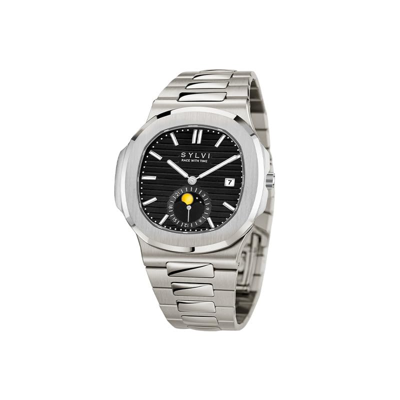 Image of Sylvi Urbane Moon Black Silver Analog Watch for Men | Premium Squircle Case Black Analog Watch | Stainless Steel Strap