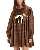 Gacaky Womens Long Sleeve Mini Dress Fall Fashion Casual Loose Fit Flowy Swing Embroidered Self Tie Front Pullover Tops Brown Medium