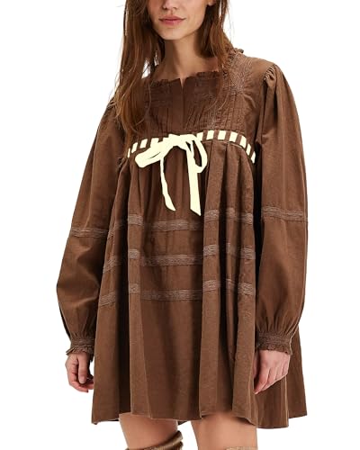 Gacaky Womens Long Sleeve Mini Dress Fall Fashion Casual Loose Fit Flowy Swing Embroidered Self Tie Front Pullover Tops