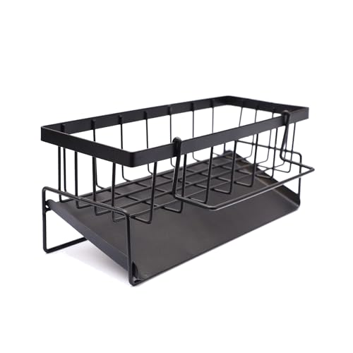 Image of Metal Sponge Holder for Kitchen Sink - Auto-Draining Sink Organizer Caddy with Soap Tray, Dish Brush & Towel-Bar Holder, Kitchen Storage Rack (MATTE BLACK)