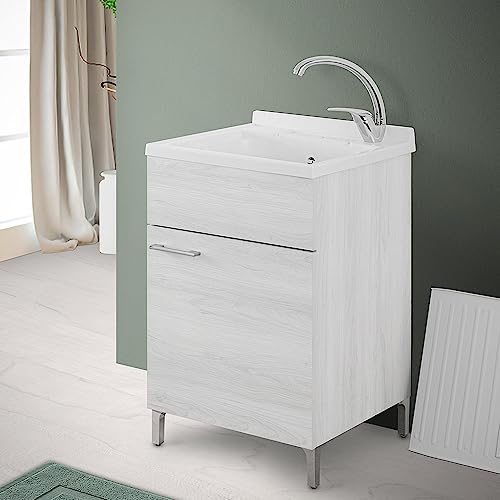 Inbagno Lavatoio con mobile e vasca in Resina resistente agli acidi, Completo di ASSE di Lavaggio e Kit sifone + piletta (50x50 cm 1 Anta, Bianco Venato)