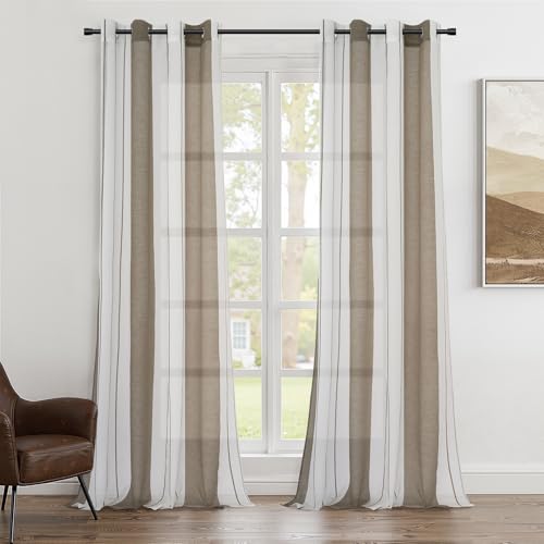 Topfinel Cortina de voile marrón con ojales, diseño a rayas, corto, con ojales, para habitación infantil, dormitorio, salón, 140 x 245 cm (ancho x alto), juego de 2 unidades