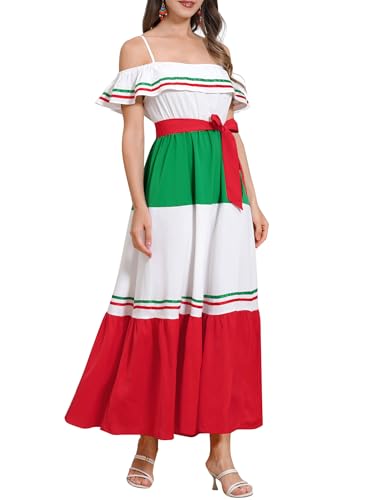 ABAFIP Women's Mexican Dresses Traditional Fiesta Off Shoulder Ruffle Strap Stripe Cinco De Mayo Maxi Dress
