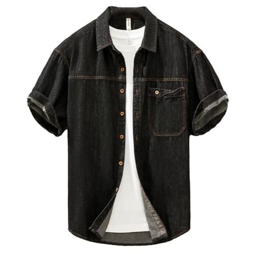 XYGJZ Men's Summer Cotton Shirts Short Sleeve Button Down Casual Denim Shirts