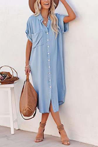 Image of chouyatou Women's Summer Loose Hand Pocket Midi Long Tunic Denim Shirt Dress
