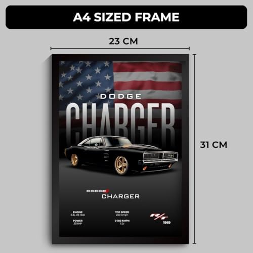 Image of Dodge Charger Poster | Framed 1969 Charger R /T A4 Sized (31 x 23 cm) | Dodge Muscle Poster for Wall, Gift for Boys, American Muscle Car Frames | Car Posters for Wall, Bedroom, Hostel, Study Area (F 028)