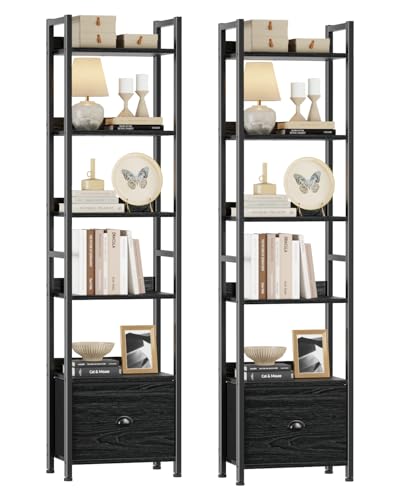 Image of Furologee Book Shelf Set of 2, 6 Tier Tall Shelf with Drawer, Bookshelves and Bookcases Set of 2, Industrial Display Shelving Unit for Bedroom, Living Room, Home Office, Black Oak