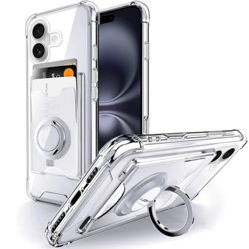 Shields Up Designed for iPhone 16 Case, Minimalist Wallet Case with Card Holder (3 Cards) & Ring Stand, [Drop Protection] Slim Protective Cover for iPhone 16 (6.1 inch) - Clear