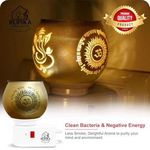 Image of RUPIKA | Electric Ceramic Aroma Diffuser Kapoor Dani | Camphor Diffuser Incense Burner Holder Kapoor Dani with Night Lamp for Home, Office (Golden)