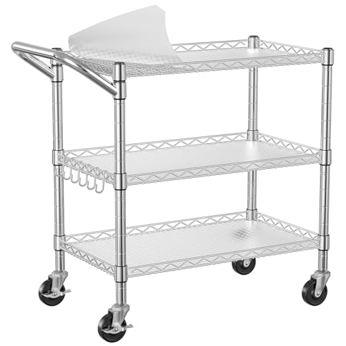 NTE 3 Tier Heavy Duty Rolling Utility Cart on Wheels 990Lbs Capacity Rolling Wire Cart Kitchen Carts on Wheels NSF Commercial Metal Serving Cart with Handle and Shelf Liners for Kitchen Restaurant