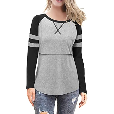 Women's Maternity Nursing Tops Short Patchwork Sleeve Shirts for Breastfeeding Tops, Gray 01, Small Cover