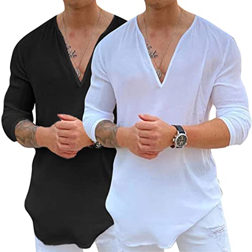 Rela Bota Mens Hawaiian V-Neck Shirt Solid Hippie Shirts Yoga Henley Shirt Beach Wear3