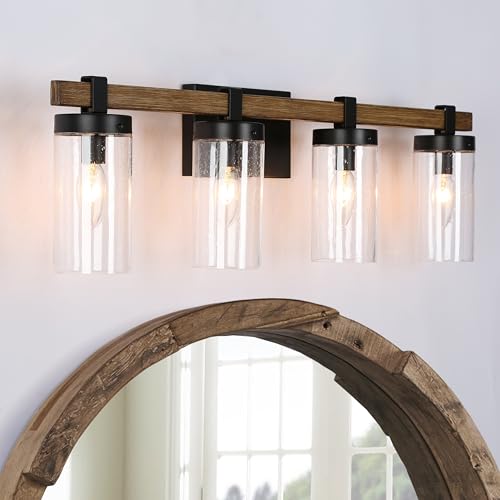 Image of Farmhouse Bathroom Vanity Light Fixtures, 4-Light Large Faux Wood Bathroom Lights Over Mirror, 28 inch Rustic Vanity Lights for Bathroom with Seeded Glass Shade