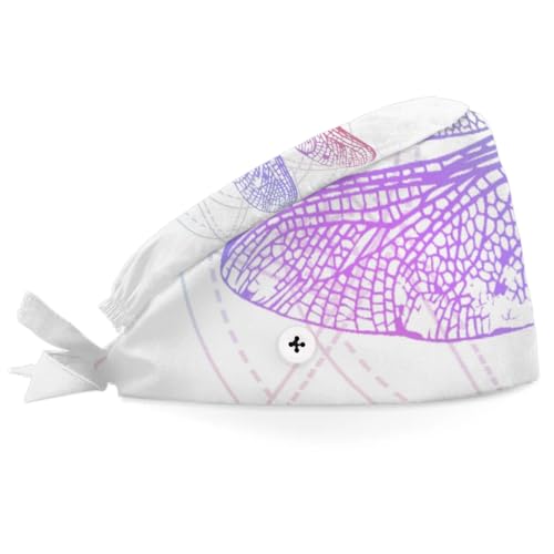 Mularoka Painted Dragonfly Silhouette Working Caps with Button Sweatband Comfortable Adjustable Bouffant Hats Work Hat for Women Men