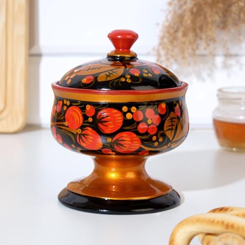 Traditional Russian Khokhloma Hand-Painted Wooden Sugar Bowl on Pedestal, Berry Motif, Vibrant Folk Art Tableware