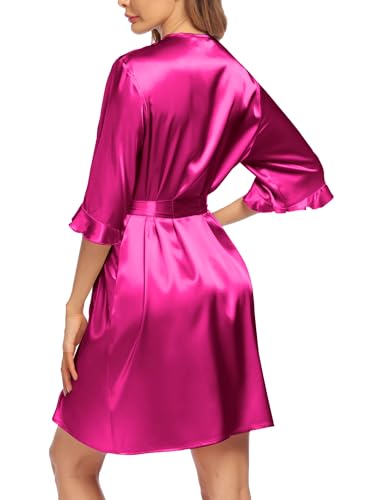Image of Ekouaer Women's Satin Robe Valentines Lingerie for Women Kimono Bathrobe Short Ruffle Belted Robes Bridesmaids Sleepwear