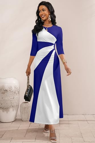 Image of Runwind Maxi Dress for Women with Ruched Waist - Semi-Formal 3 /4 Sleeve Crew Neck Long Dresses for Wedding Guest & Church