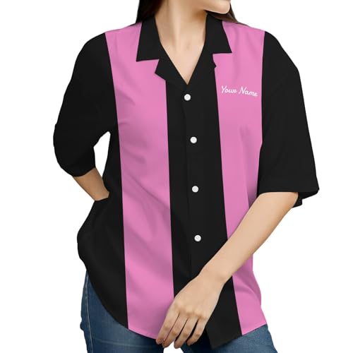 Custom Retro Bowling Shirts for Women, Vintage Short Sleeve Button Down Casual Shirts with Personalized Team Name3