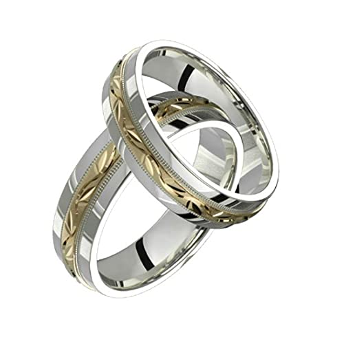 Feuille two-tone .925 sterling silver & 10k yellow gold 6 millimeters wide wedding band set for him & her
