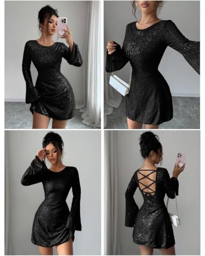 Image of Women Sparkle Sequins Mini Dress Sexy Tie Back Bodycon Dress Long Sleeve Shiny Evening Dresses Night Out Party Outfits