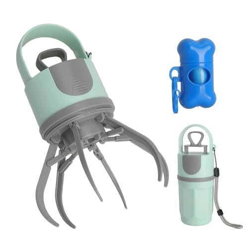 Pince ramasse crotte chien avec distributeur de sacs poubelle, ramasse-crottes pliable pour chiens et chats, pince à crottes portable à 6 griffes avec cordon...