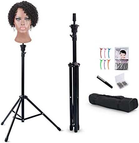 Klvied Reinforced Wig Stand Tripod Mannequin Head Stand, Adjustable Holder for Cosmetology Hairdressing Training with T-with Caps, T-Pins, Comb, Hair Clip, Carrying Bag
