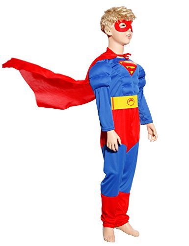Anladia - Disfraz de Superhéroe Superman Cosplay Traje Musculoso con Máscara Capa para Niños Talla S (110-120cm) Entre 5 y 7 años / Talla M (120-130cm) Entre 7 y 10 años (M (120-130cm))