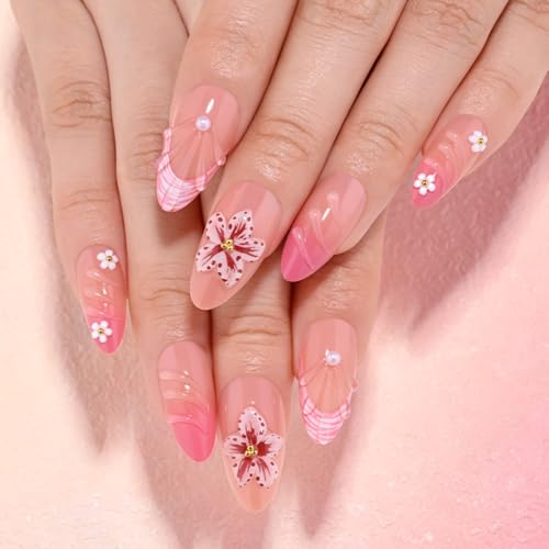 evpct Nude French Tip Press on Nails Short Almond Pink Dot Design for Women