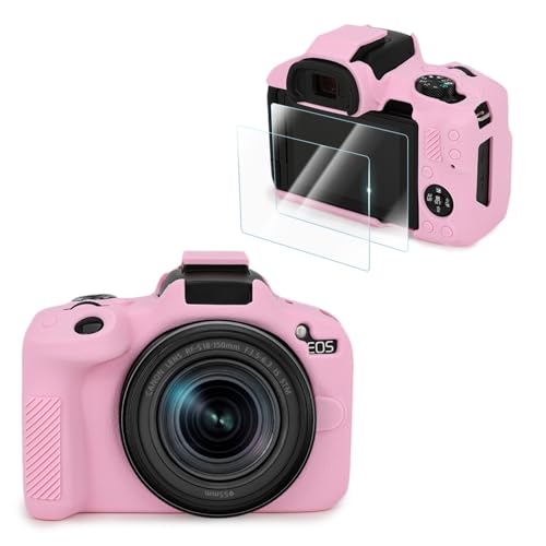 VOVMOEYA Compatible with Canon EOS R50 Camera Case Accessories kit[with 2 LCD Tempered Films] EOS R50 Silicone Protective Case Digital Camera case Enhanced Grip Sensation Lightweight 9H 0.25mm-Pink