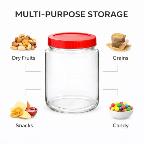 Image of 1000ml Glass Storage Jar with Airtight Red Lid, 1KG Kitchen Container for Rice, Pulses, Dry Fruits, Transparent Thick Glass Pantry Organizer