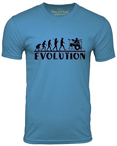 Drummer Evolution Funny T-Shirt Musician Drums Humor Tee Turquoise Large
