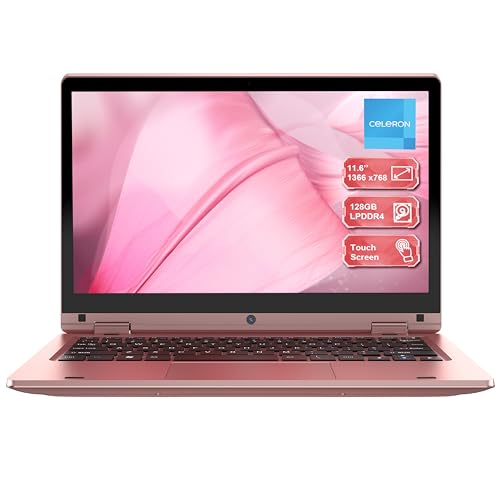 LEEDOW 11.6 Inch TouchScreen Laptop, 360° Foldable Laptop Celeron N4020 6GB RAM 128GB SSD, Notebook Dual-Band WiFi Wireless Bluetooth Webcam USB 3.0 Mini-HDMI Keypad Lock - Pink