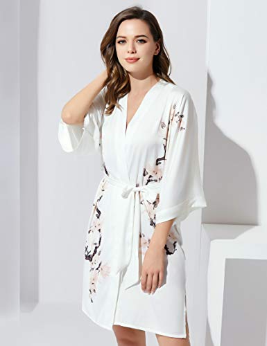 Image of BABEYOND Kimono Robe Cover up Short Satin Floral Silky Kimono Blouse Loose Bachelorette Party Robe