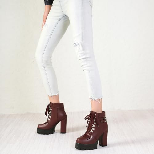 Image of Susanny Sexy High Heels for Women Boots Round Toe Platform Booties Lace Up Suede Side Zipper Ankle Bootie