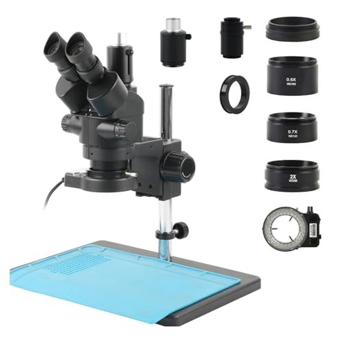 Microscope Black/White 3.5X-90X Simul-Focus Parfocal Trinocular Stereo Microscope Balow Lens 56 LED Ring Light for Precision Machinery Inspection, Adjustable Metal Arm B(Black)