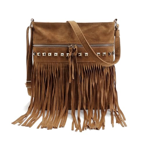 ショルダーバッグ レディース パンク クロスボディレディースバッグファッションベルベットウィロースタッズタッセルバッグ パンク ゴシック(Camel)