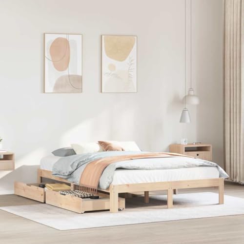 Qnhdfrt Letto in legno massiccio con cassetti in pino 135 x 190 cm, struttura stabile con rete a doghe e spazio per un sonno riposante, design rustico per camera da letto e camera degli ospiti